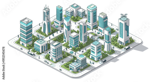 Isometric Futuristic Cityscape with Modern Architecture and Green Spaces