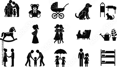 Family Lifestyle Silhouette Icon Set Including Parents, Children, Pets, Baby Stroller, Toys, Pregnant Woman, Gardening Tools, and Home Furniture Vector Graphics