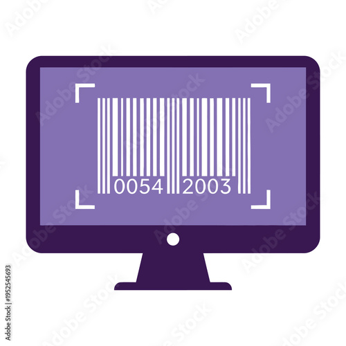 Purple computer monitor displaying a barcode scanner interface with numerical code on a vibrant screen