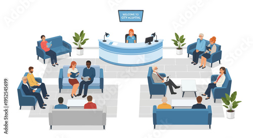 Diverse people waiting in a modern reception area for appointment or service