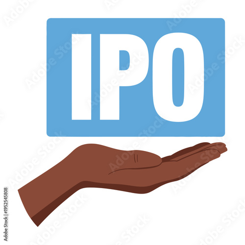 A dark-skinned hand holds up a blue sign displaying the acronym IPO, representing an Initial Public Offering in finance.