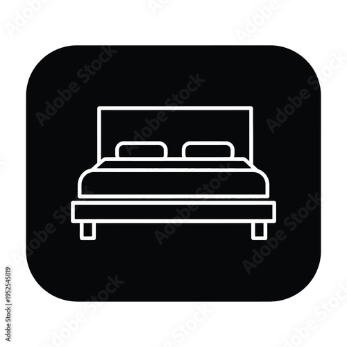 Minimalist black and white icon showcasing a modern bed with two pillows and a sleek headboard on a dark background