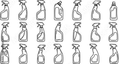Household Cleaning Bottles Black and White Line Art Set. Hand-Drawn Doodle Collection of Spray Cleaners and Detergent Containers for Domestic Hygiene.