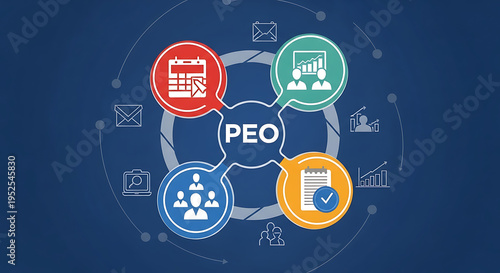 Professional Employer Organization PEO concept displaying human resource administration workforce management compliance regulatory solution outsource strategy business corporate talent leadership