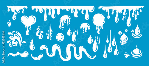 White cream splash drops set and smooth liquid shape, ideal for yogurt branding, dairy product packaging and food illustration concept. Vector flat collection