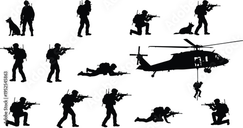 Black silhouette set of military soldiers with rifles, k9 dogs, and helicopter in combat mission, tactical army operations on white background.