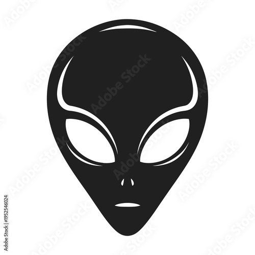 Black and white alien head silhouette with large oval eyes and minimalist design isolated on a plain background