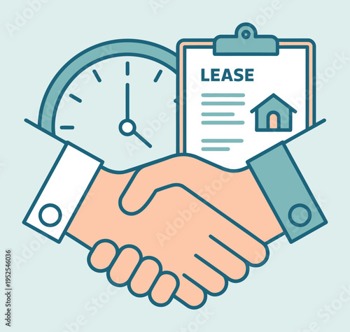 Illustration of a handshake symbolizing a business deal or property lease agreement, with a clock representing time and a clipboard indicating a lease contract for a house.