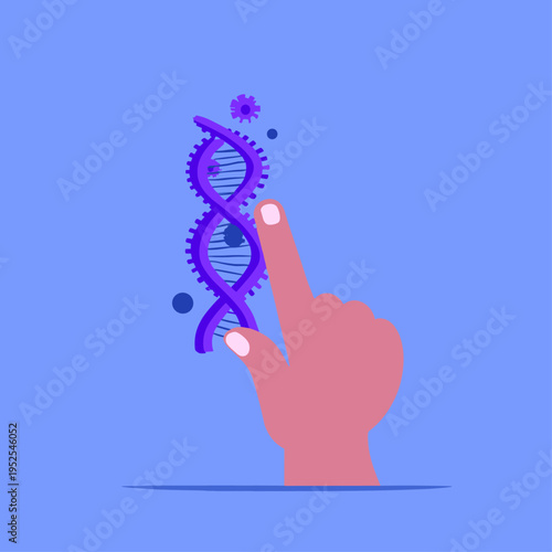 Human Finger Touching a Gears and Puzzle DNA Strand