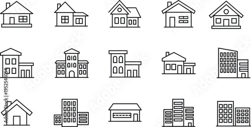 Modern Architecture Line Icon Set Featuring Minimalist Outlined Residential Houses Skyscrapers Office Buildings and Commercial Properties for Real Estate Web Design and Urban Planning GraphicsModern A