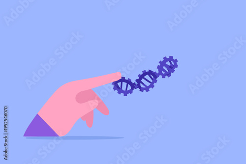 Human Finger Touching a Gears and Puzzle DNA Strand