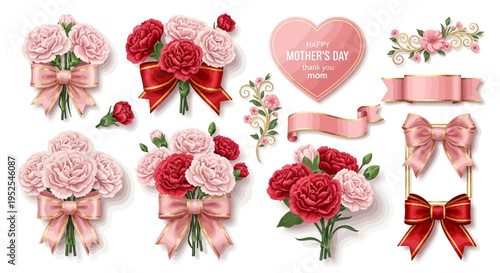 Happy Mother's Day Floral Design Elements Set with Carnation Bouquets, Pink Ribbons, and Gold Flourishes