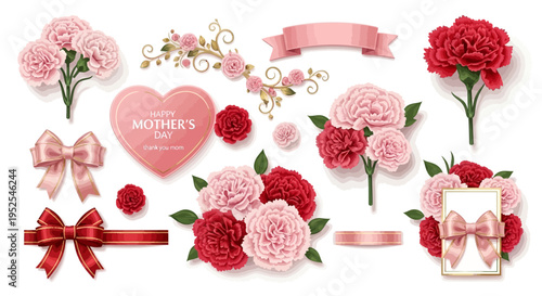Mother's Day Graphic Set featuring Pink and Red Carnations, Satin Ribbons, Heart Label, and Floral Bouquets on White Background