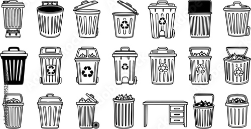 Black and White Line Art of Various Trash Cans and Bins, Recycling Symbol