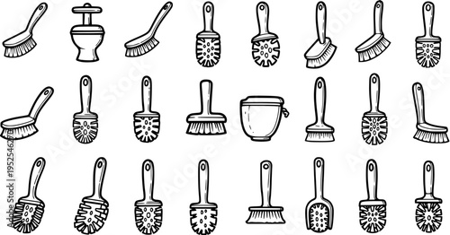 Hygiene and Home Cleaning Doodle Line Art Collection: Various Hand-Drawn Toilet and Scrub Brushes, Pail, and WC Illustrations for Domestic Sanitation