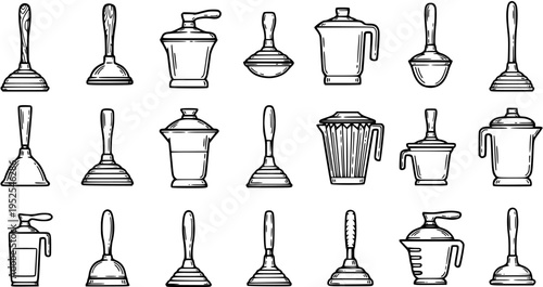 Black and White Line Art Icons of Plungers and Kitchenware for Cleaning and Home Improvement