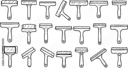 Cleaning and Painting Tools Line Art Set. Black and White Outline Icons Collection of Squeegees, Paint Rollers, Brushes, and Applicators for Home Improvement.