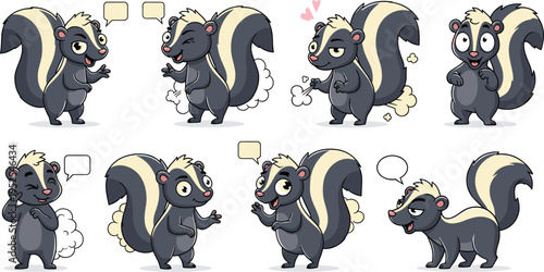 Cute skunk cartoon character collection with different emotions speech bubbles funny expressions adorable wildlife vector illustration set