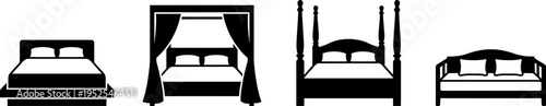 A collection of four different black silhouette icons representing various styles of household beds