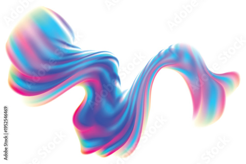 Futuristic neon iridescent holographic 3D liquid flowing wave form, swirl splash isolated design element, transparent background, abstract glowing geometric glass texture shape decoration.