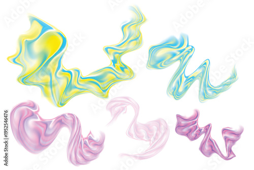 Fluid abstract stripped shape, neon glow futuristic flowing wave set, isolated design element, transparent background. Iridescent holographic liquid curvy decoration