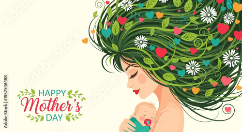 Mother's Day Illustration of Mother and Baby with Nature-Inspired Floral Hair and Hearts
