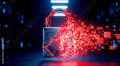 Digital security breach leading to data corruption and system failure, visually represented as a breaking padlock on a technical difficulties screen.