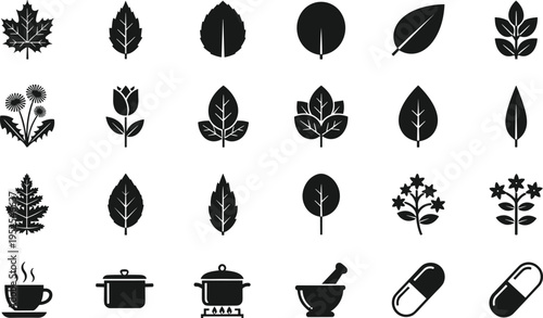 Natural Medicinal Herb Vector Icon Set Featuring Healthy Green Leaves Tea Cups Cooking Pots Mortar Pestle and Pharmaceutical Capsule Pills Graphics