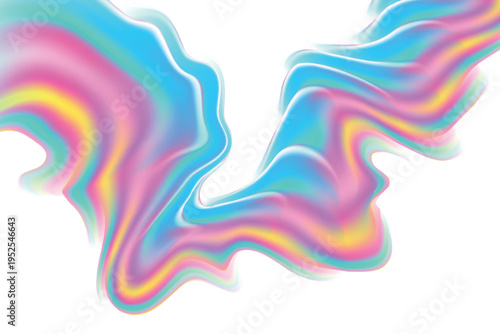 Futuristic neon iridescent holographic 3D liquid flowing wave form, swirl splash isolated design element, transparent background, abstract glowing geometric glass texture shape decoration.