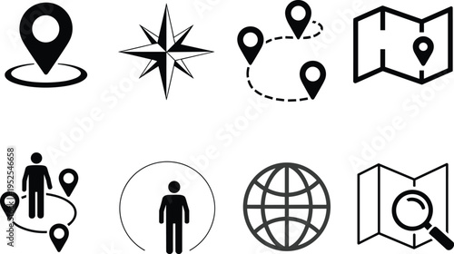 Navigation and location map icon set featuring gps pin compass points globe world and route tracking symbols