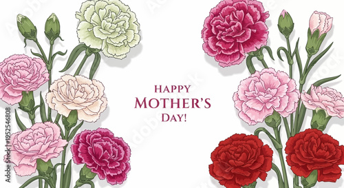 Happy Mother's Day Greeting Card with Beautiful Hand-Drawn Carnation Flowers in Pink, Red, and White on a White Background