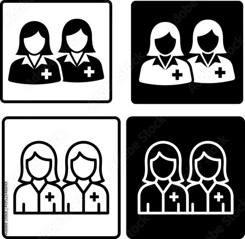 A collection of four distinct medical icons featuring female healthcare workers in varied styles