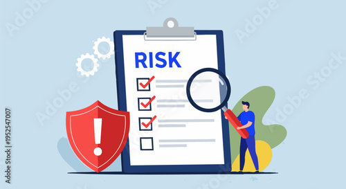 Risk Management Checklist Vector Illustration with Magnifying Glass and Shield, Business Security Assessment and Problem Solving Concept