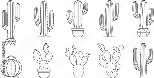 Cactus Outline Icon Set with Minimal Line Art Succulent Plants in Pots, Desert Botanical Collection for Coloring Pages, Logos and Simple Vector Design
