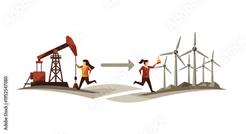 A woman runs from an oil pump towards wind turbines, holding a container, with an arrow indicating the transition on a white background.