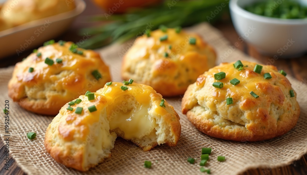 Fototapeta premium Golden cheese scones with herbs, cheddar cheese, and chives on rustic linen. Fluffy interior, baked golden brown, perfect for brunch or snack.