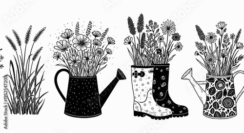 Black and White Hand-Drawn Garden Illustration Set featuring Watering Cans, Wellington Boots, and Wildflowers in Linocut Style