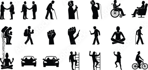 Vector silhouette collection featuring people in diverse roles like business handshakes, wheelchair users, construction workers, singers, and cycling police officers.