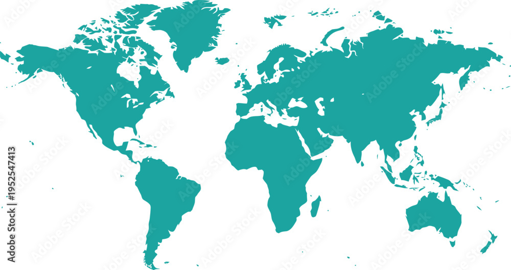 Obraz premium A teal colored map of the world on a white background