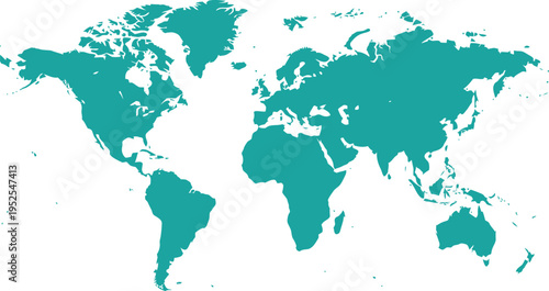 A teal colored map of the world on a white background