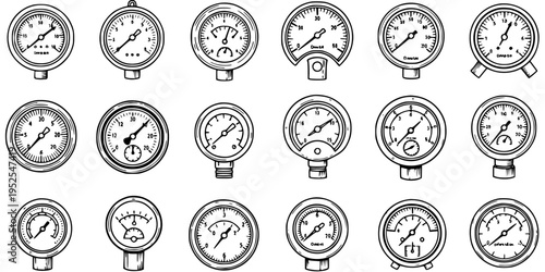 Black and White Line Art Icons of Various Pressure Gauges and Dials for Industrial Measurement