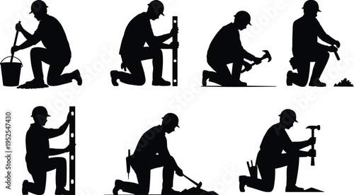 Construction worker silhouettes kneeling with tools, hammering measuring and repair tasks, industrial labor set, builders performing maintenance work vector illustration collection