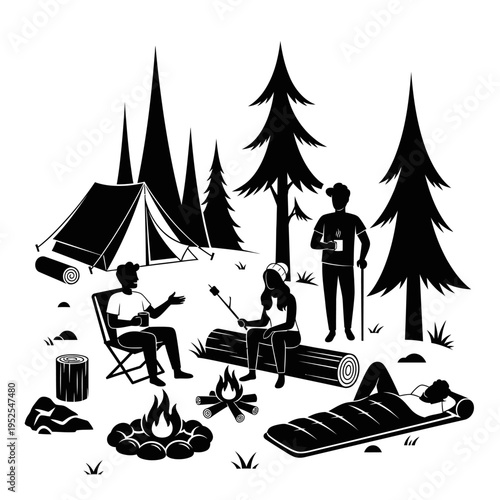 Camping friends roasting marshmallows by campfire in forest with tent and sleeping bag