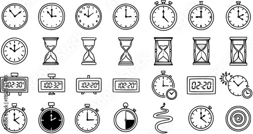 Black and White Hand-drawn Line Art Time Management Icons Set. Collection of Clocks, Timers, Hourglasses, and Stopwatches for Measurement Concepts.