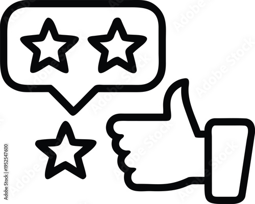 Black line of thumbs up hand with speech bubble containing two stars and one star below