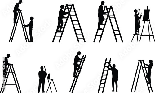 Construction worker silhouettes on ladders painting and maintenance tasks, industrial labor set, builders with tools, ladder work activities vector illustration collection