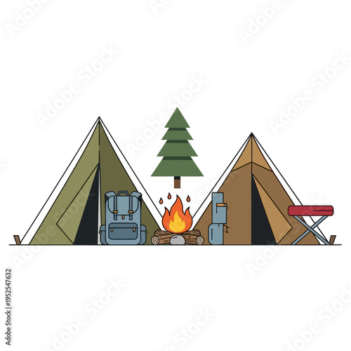 Camping Scene: Tents, Bonfire, Backpack, Pine Tree, and Folding Stool - Flat Design