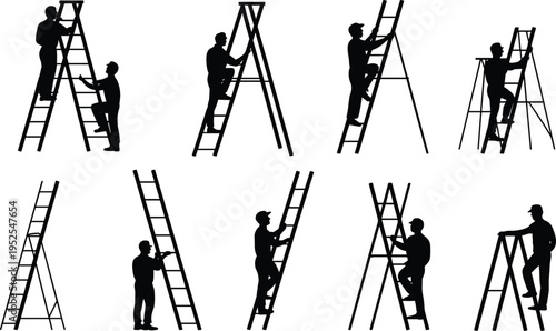 Construction worker silhouettes on ladders, climbing and maintenance tasks, industrial labor set, builders with tools, ladder work activities vector illustration collection