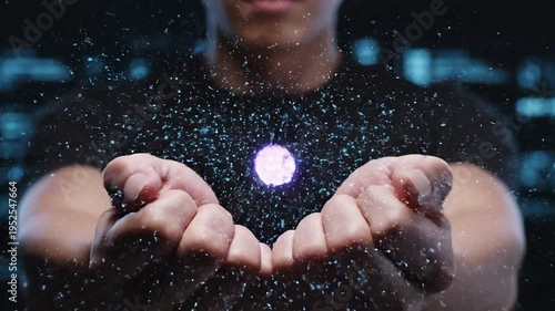 Glowing blue file icon in cupped hands, representing digital data