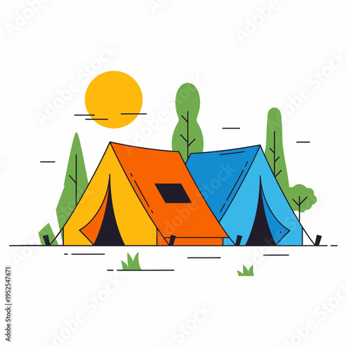 Colorful Camping Tents in a Forest Landscape with Sun and Trees - Flat Design Illustration